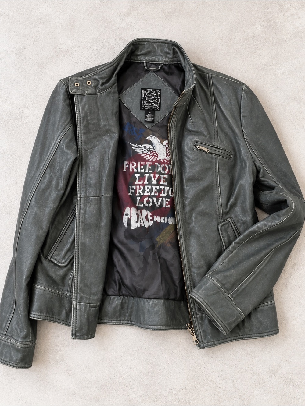 Lucky Brand Grey Leather Motorcycle Jacket Eagle Graphic Lining M